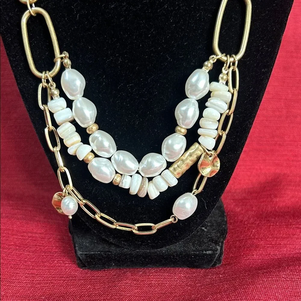 Gold Tone Paperclip 16” Chain Layered Pearls Beads Charms Boho Statement Choker